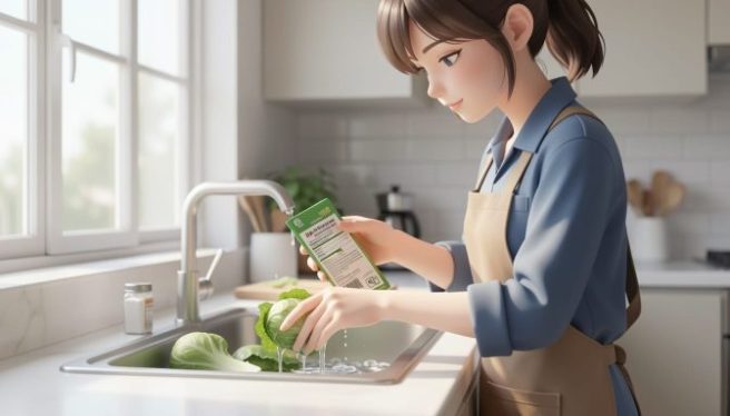 kitchen scene with a person washing fresh vegetables